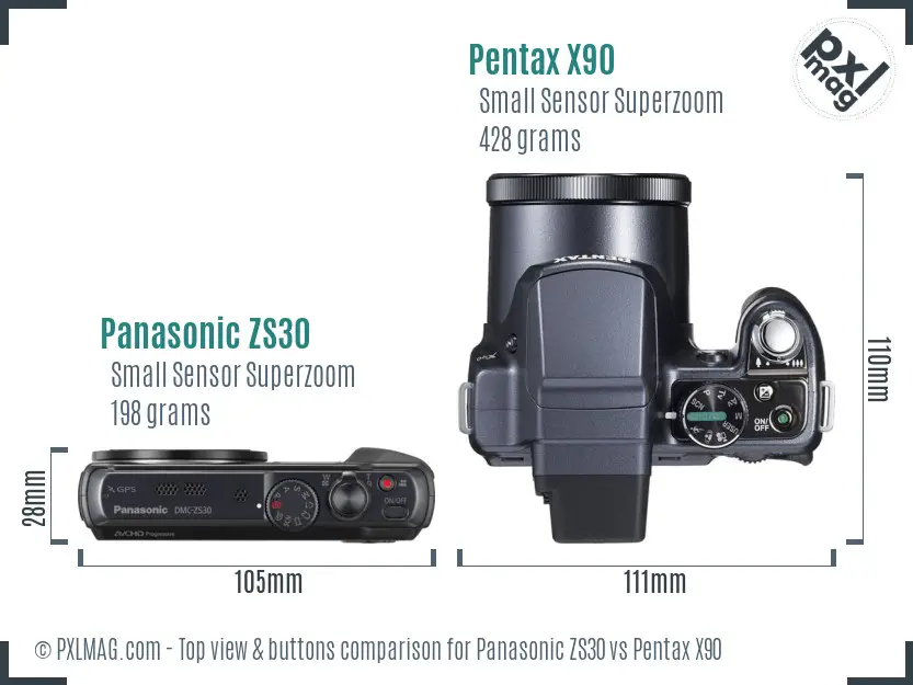 Panasonic ZS30 vs Pentax X90 top view buttons comparison