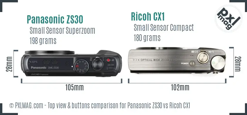 Panasonic ZS30 vs Ricoh CX1 top view buttons comparison