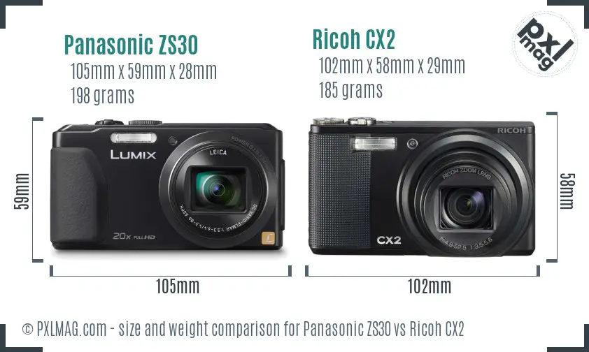 Panasonic ZS30 vs Ricoh CX2 size comparison