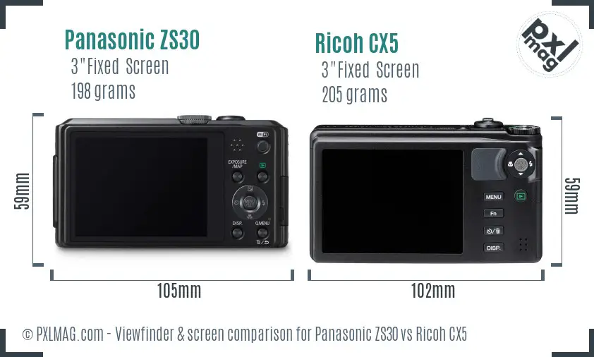 Panasonic ZS30 vs Ricoh CX5 Screen and Viewfinder comparison