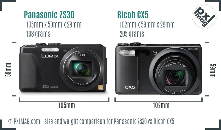 Panasonic ZS30 vs Ricoh CX5 size comparison