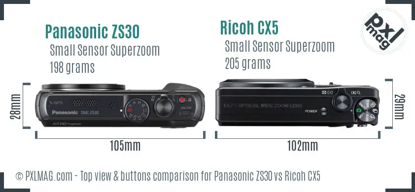 Panasonic ZS30 vs Ricoh CX5 top view buttons comparison