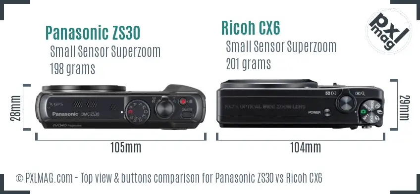 Panasonic ZS30 vs Ricoh CX6 top view buttons comparison