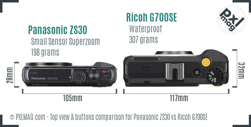 Panasonic ZS30 vs Ricoh G700SE top view buttons comparison