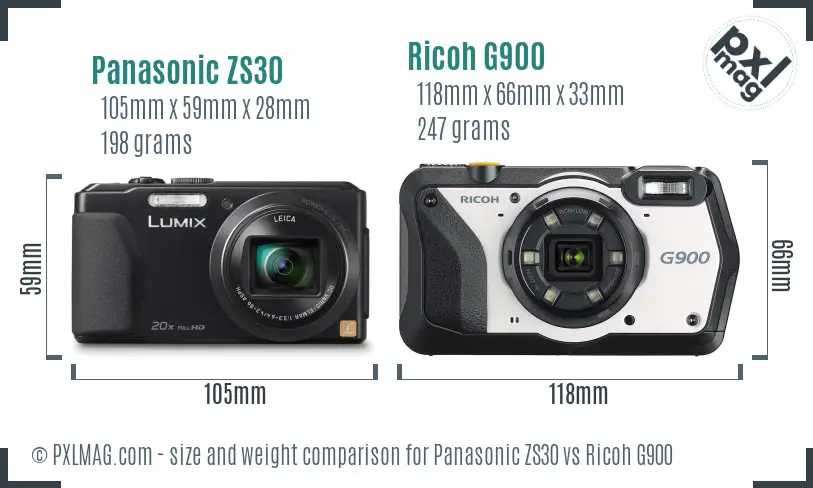 Panasonic ZS30 vs Ricoh G900 size comparison