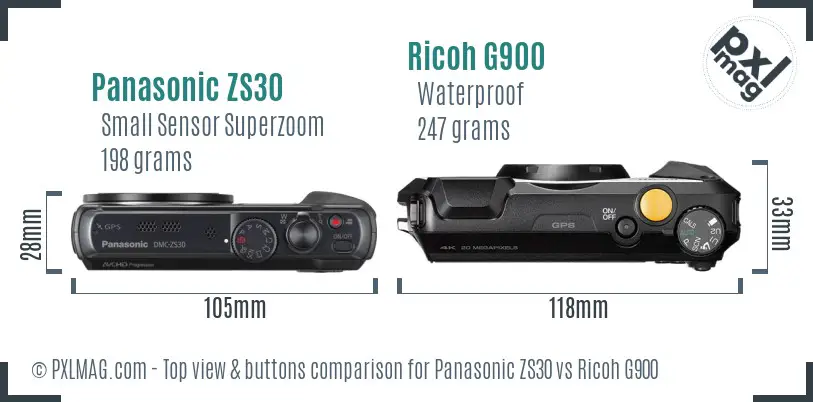 Panasonic ZS30 vs Ricoh G900 top view buttons comparison