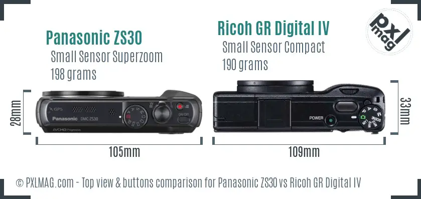 Panasonic ZS30 vs Ricoh GR Digital IV top view buttons comparison Panasonic ZS30 vs Ricoh GR Digital IV top view buttons comparison