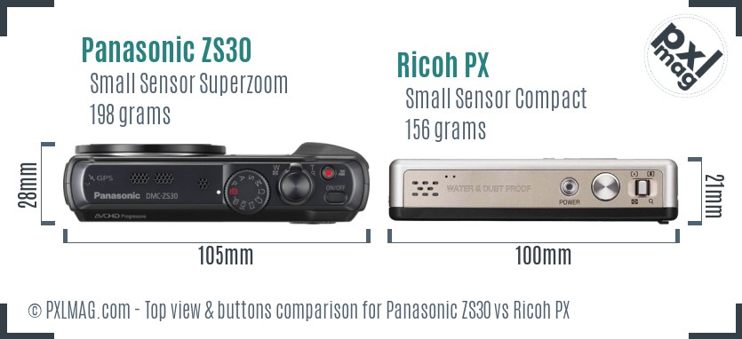 Panasonic ZS30 vs Ricoh PX top view buttons comparison