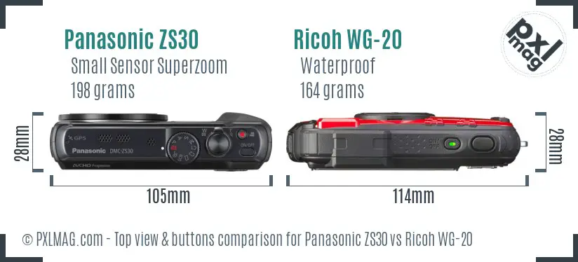 Panasonic ZS30 vs Ricoh WG-20 top view buttons comparison Panasonic ZS30 vs Ricoh WG-20 top view buttons comparison