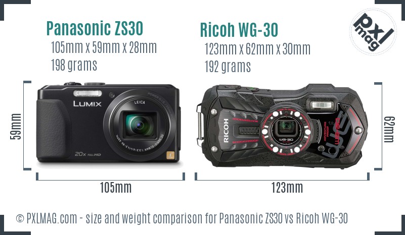 Panasonic ZS30 vs Ricoh WG-30 size comparison