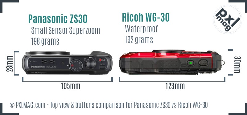 Panasonic ZS30 vs Ricoh WG-30 top view buttons comparison