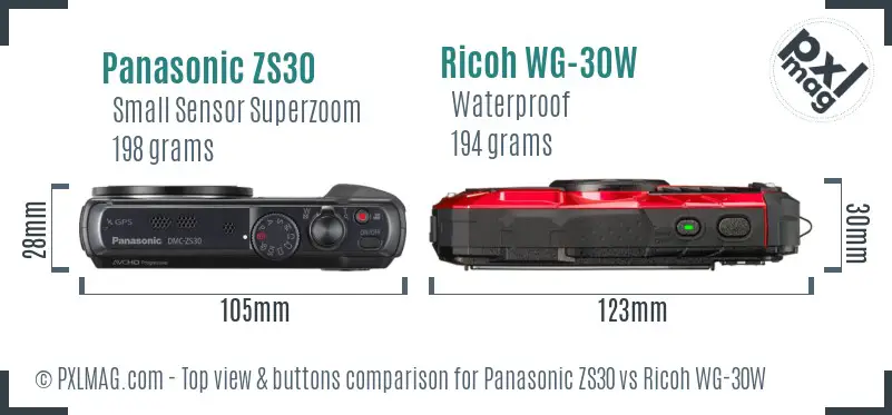 Panasonic ZS30 vs Ricoh WG-30W top view buttons comparison