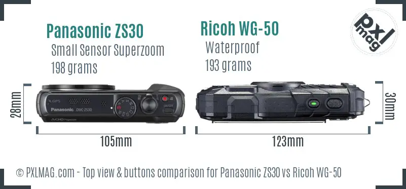 Panasonic ZS30 vs Ricoh WG-50 top view buttons comparison