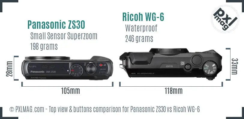 Panasonic ZS30 vs Ricoh WG-6 top view buttons comparison