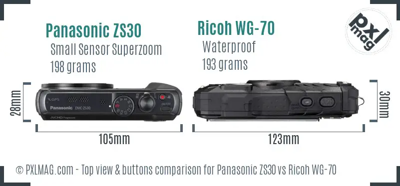 Panasonic ZS30 vs Ricoh WG-70 top view buttons comparison Panasonic ZS30 vs Ricoh WG-70 top view buttons comparison