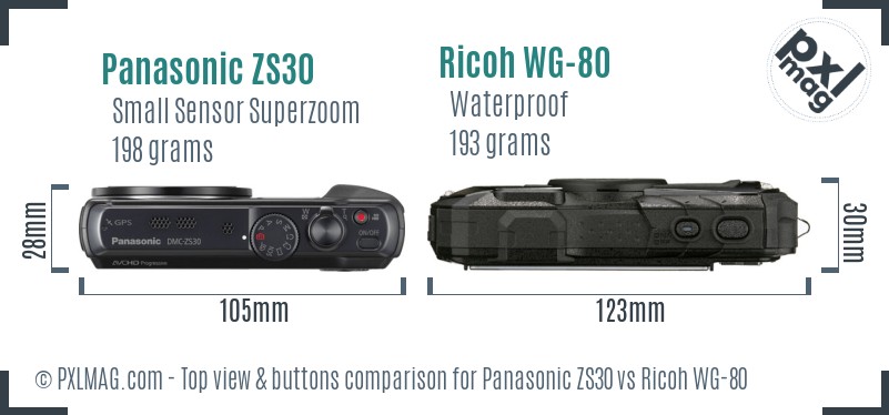 Panasonic ZS30 vs Ricoh WG-80 top view buttons comparison