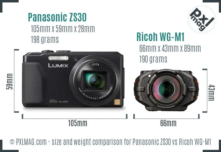 Panasonic ZS30 vs Ricoh WG-M1 size comparison