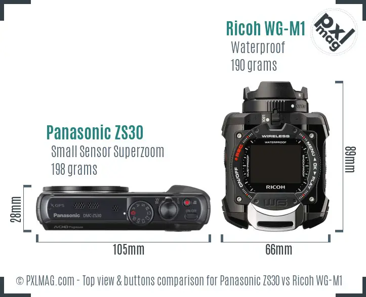Panasonic ZS30 vs Ricoh WG-M1 top view buttons comparison