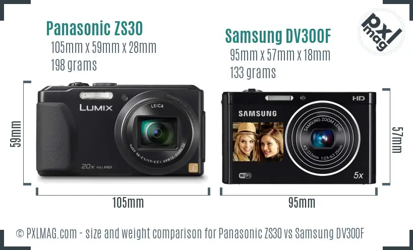 Panasonic ZS30 vs Samsung DV300F size comparison