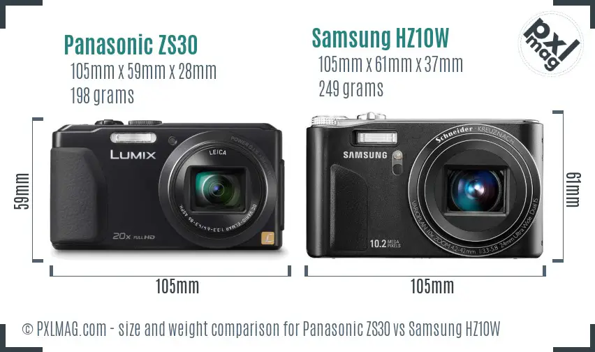 Panasonic ZS30 vs Samsung HZ10W size comparison