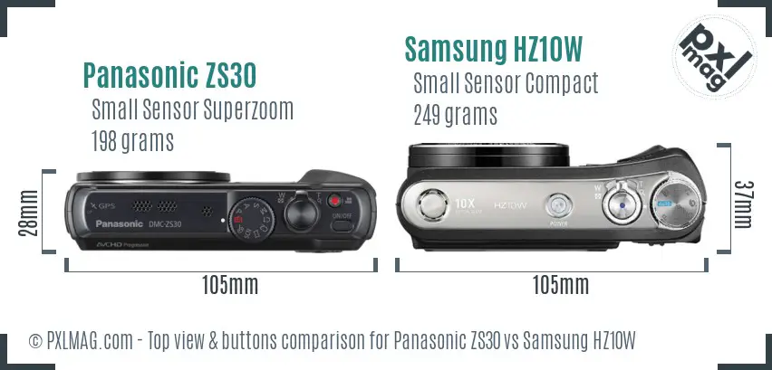 Panasonic ZS30 vs Samsung HZ10W top view buttons comparison