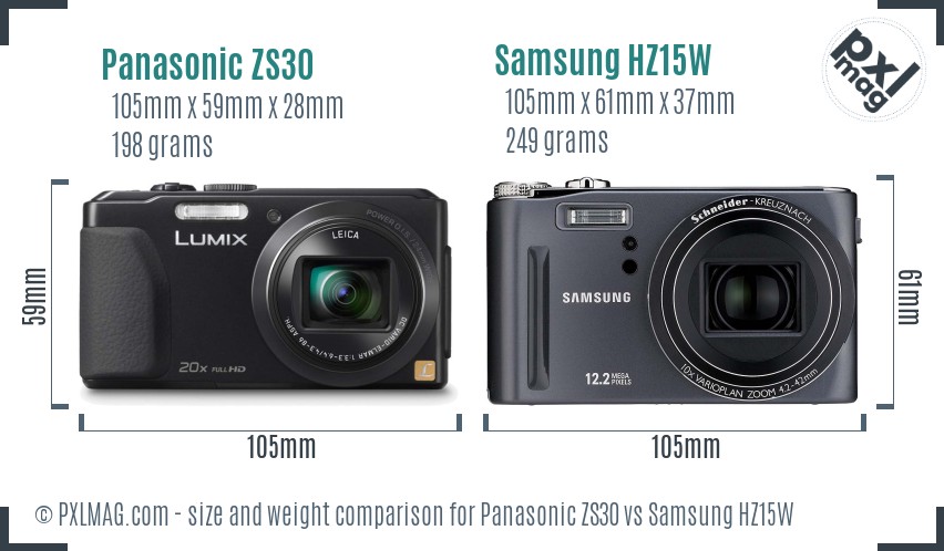 Panasonic ZS30 vs Samsung HZ15W size comparison