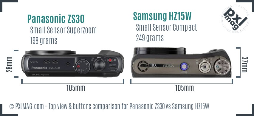 Panasonic ZS30 vs Samsung HZ15W top view buttons comparison
