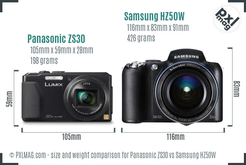 Panasonic ZS30 vs Samsung HZ50W size comparison