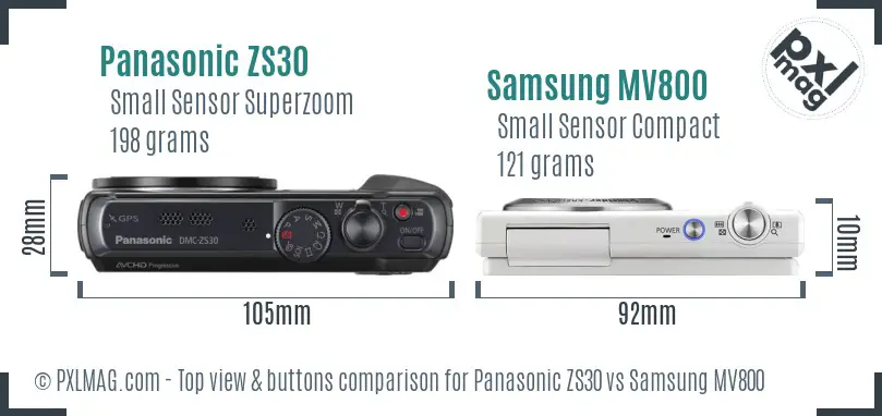 Panasonic ZS30 vs Samsung MV800 top view buttons comparison