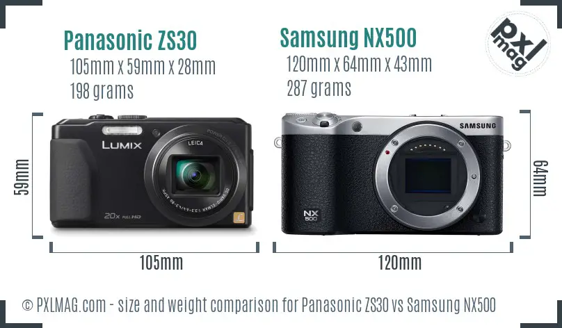 Panasonic ZS30 vs Samsung NX500 size comparison