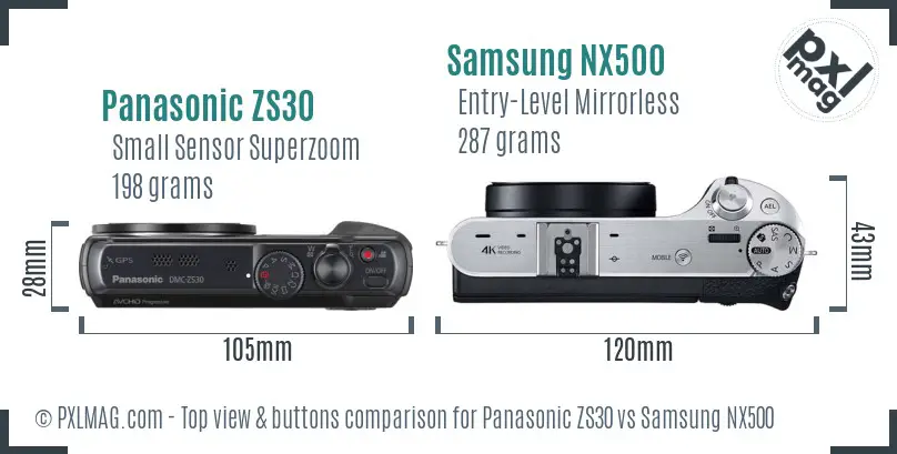 Panasonic ZS30 vs Samsung NX500 top view buttons comparison