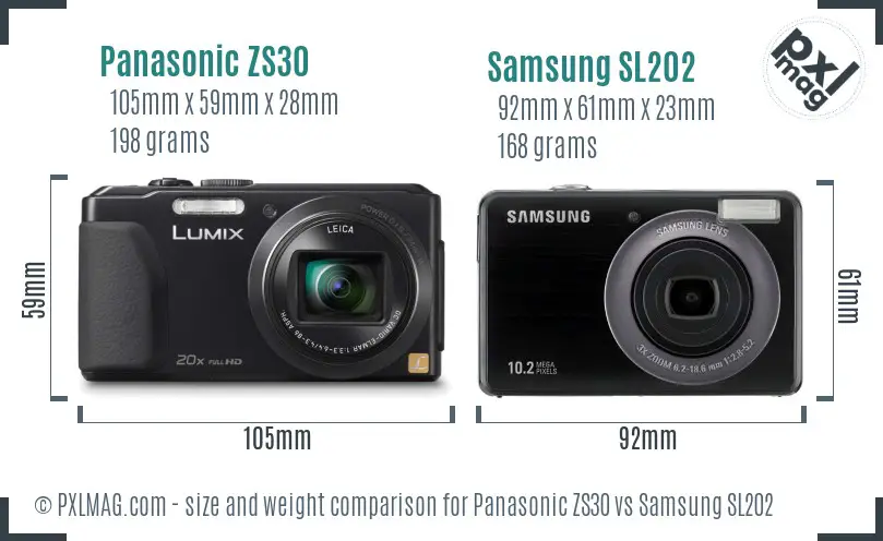 Panasonic ZS30 vs Samsung SL202 size comparison
