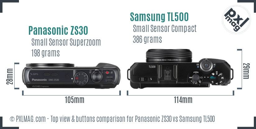 Panasonic ZS30 vs Samsung TL500 top view buttons comparison