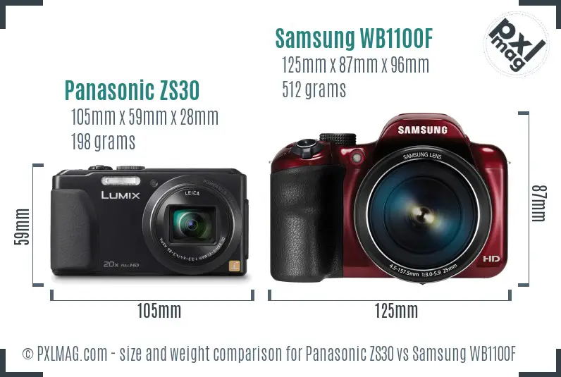 Panasonic ZS30 vs Samsung WB1100F size comparison