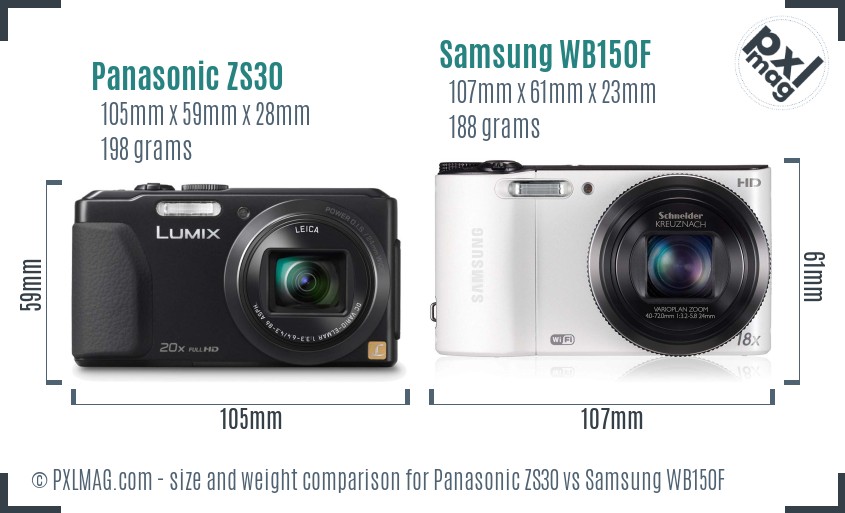 Panasonic ZS30 vs Samsung WB150F size comparison