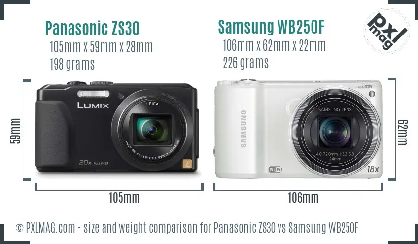 Panasonic ZS30 vs Samsung WB250F size comparison