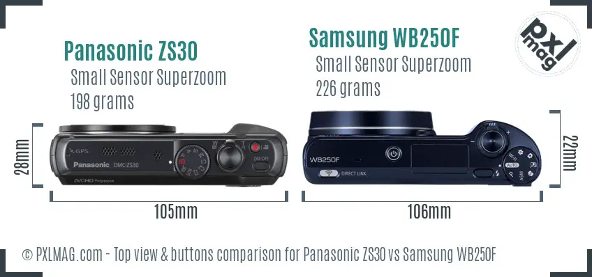 Panasonic ZS30 vs Samsung WB250F top view buttons comparison