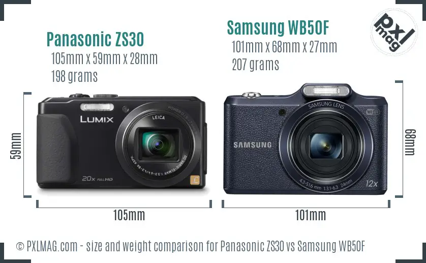 Panasonic ZS30 vs Samsung WB50F size comparison