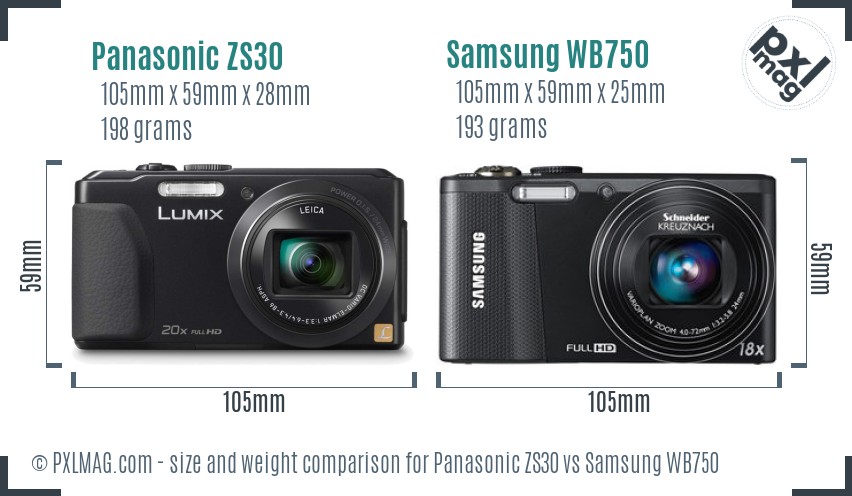 Panasonic ZS30 vs Samsung WB750 size comparison