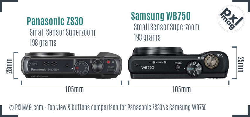 Panasonic ZS30 vs Samsung WB750 top view buttons comparison