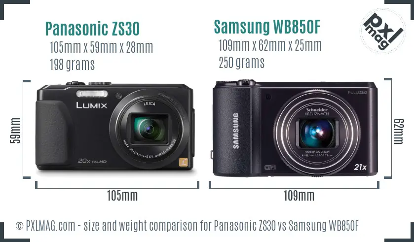 Panasonic ZS30 vs Samsung WB850F size comparison