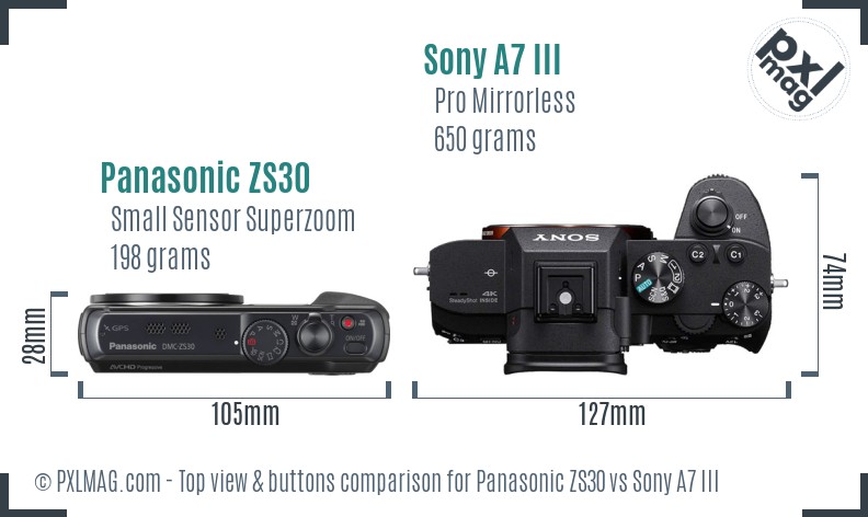 Panasonic ZS30 vs Sony A7 III top view buttons comparison