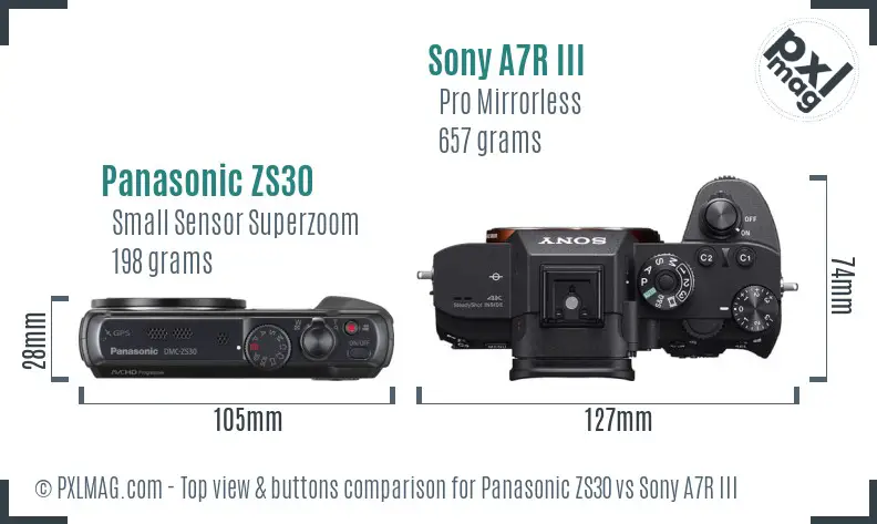 Panasonic ZS30 vs Sony A7R III top view buttons comparison