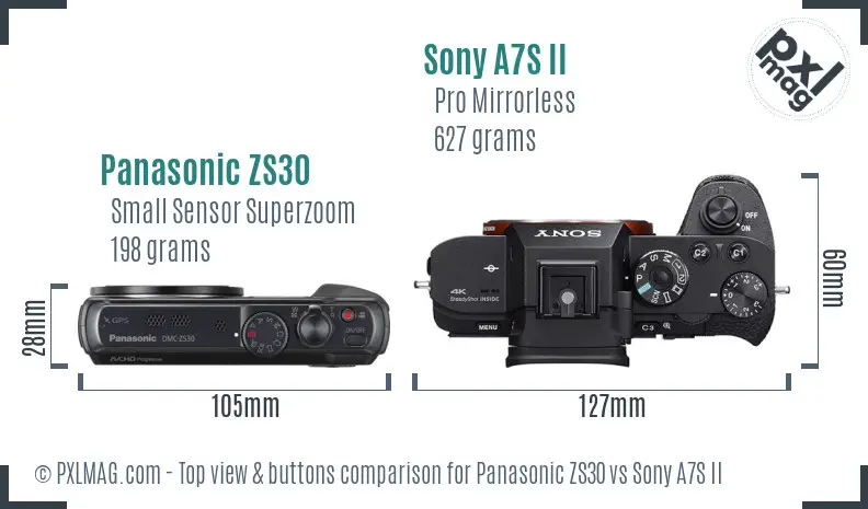 Panasonic ZS30 vs Sony A7S II top view buttons comparison