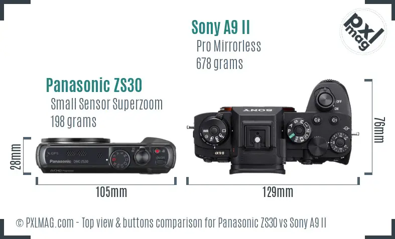 Panasonic ZS30 vs Sony A9 II top view buttons comparison