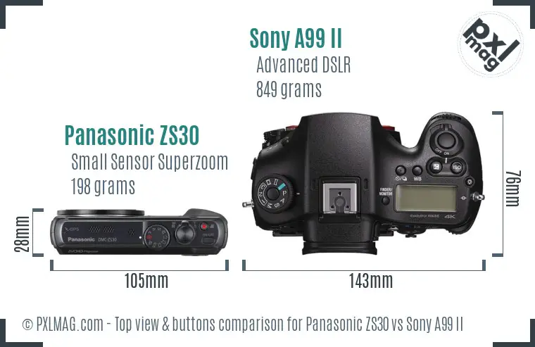 Panasonic ZS30 vs Sony A99 II top view buttons comparison