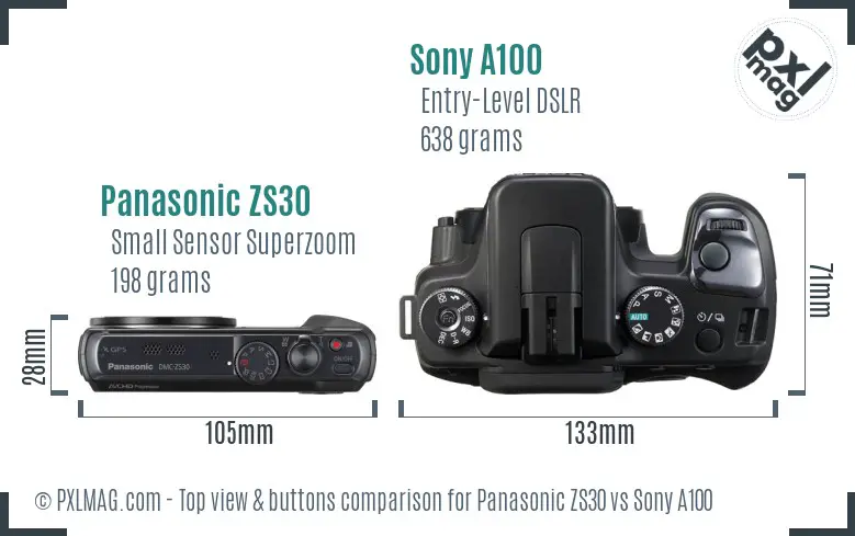 Panasonic ZS30 vs Sony A100 top view buttons comparison