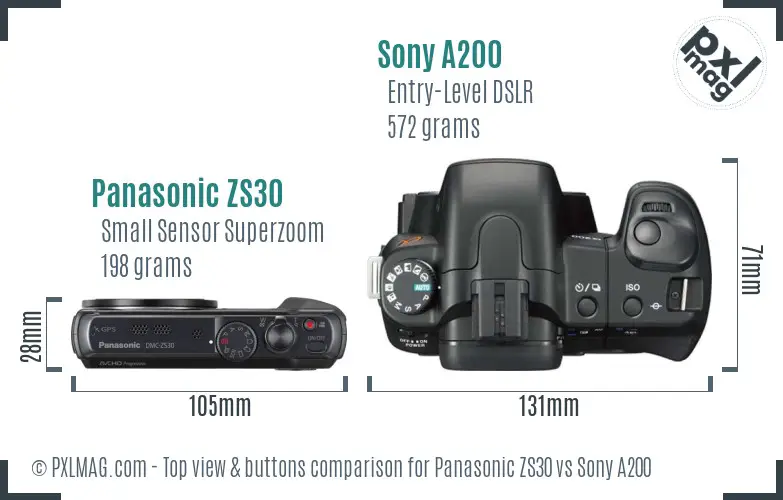 Panasonic ZS30 vs Sony A200 top view buttons comparison Panasonic ZS30 vs Sony A200 top view buttons comparison