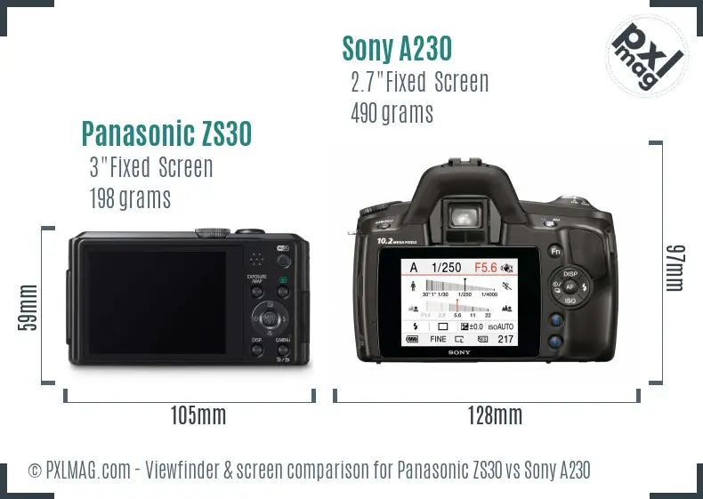 Panasonic ZS30 vs Sony A230 Screen and Viewfinder comparison