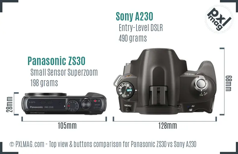 Panasonic ZS30 vs Sony A230 top view buttons comparison